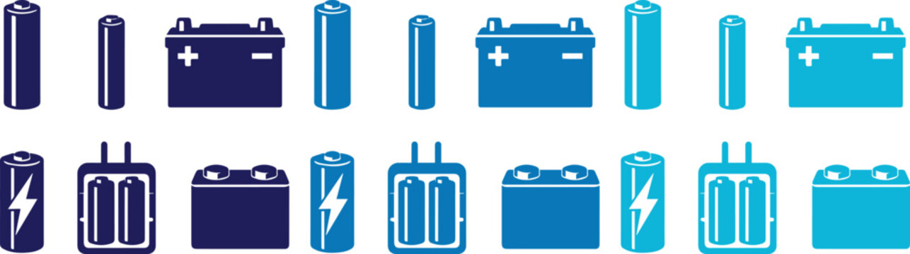 Battery and Charger Icon Set, a comprehensive collection of power source symbols. Modern electric energy vector graphics for technology, electronics, and sustainable power concepts.