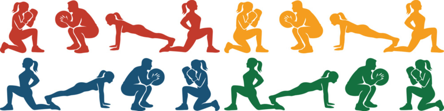 Dynamic fitness workout vector icons, diverse exercise poses for men and women, colorful gym and training activity illustrations, health and wellness graphic resource.