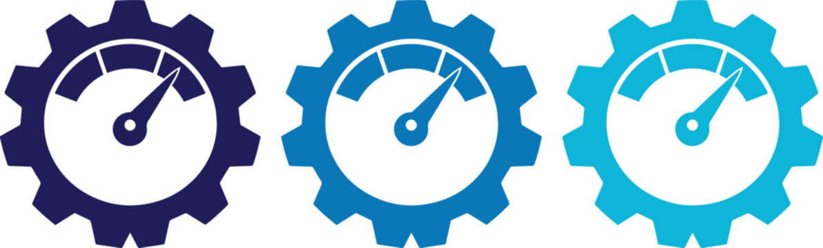 Performance Gear Icons, three blue vector illustrations of cogs with speedometers, ideal for business, technology, and optimization concepts