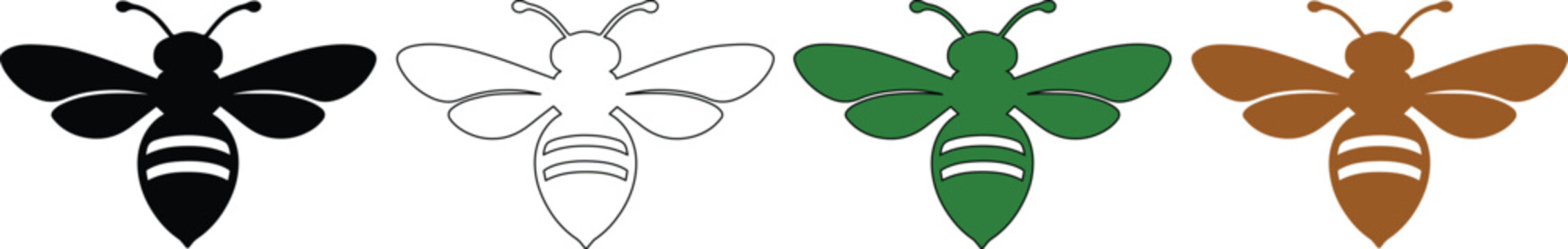 Stylized Bee Vector Set, four distinct honeybee illustrations in solid black, outline, green, and brown, perfect for nature-themed designs, logos, and educational materials