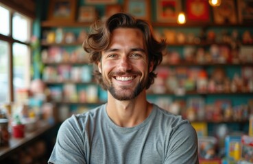 Fototapeta premium Man smiles, arms crossed, in shop filled with retro toys and collectibles. He is a shopkeeper or collector surrounded by nostalgic items in vintage store setting.