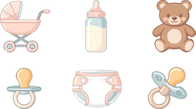 Baby essentials arranged on a table with stroller and teddy