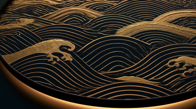 Embossed golden ocean waves on dark surface in a macro shot for high-end cultural product branding and luxury packaging