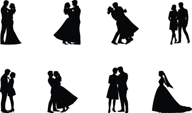 Romantic Couple and Wedding Silhouette Collection Featuring Dancing Lovers and Bride Groom Pose Set