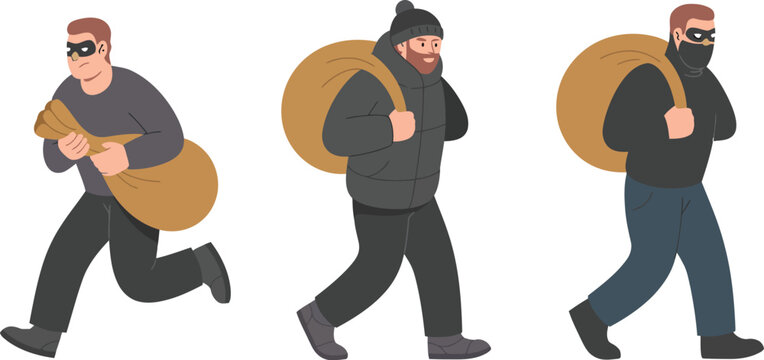 Three thieves running with stolen bags Vector
