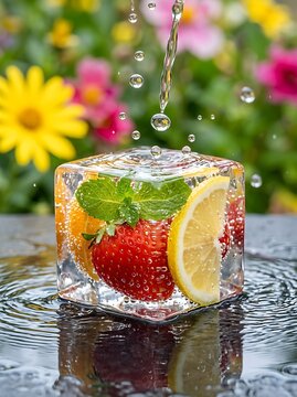 Es Batu balok Buah Segar dengan Percikan Air di Taman bunga