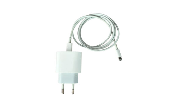 White mobile phone charger with Lightning cable on transparent background