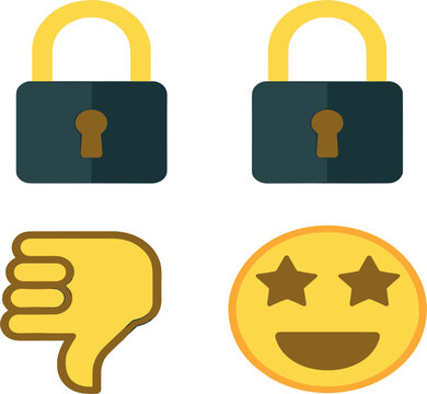 Security Lock, Dislike Gesture and Star Eyes Emoji Icon Set with Padlock Symbols, Feedback Hand and Emoticon for UI, Rating and Access Control Design