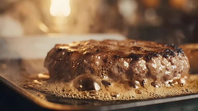 Juicy beef steak sizzling on a grill with flame and smoke, gourmet cooking experience