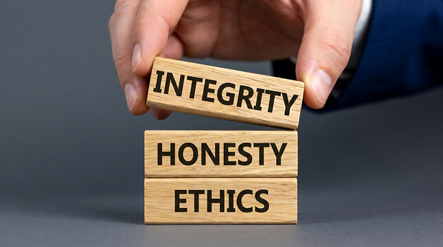 Businessman hand placing a wooden block with the word integrity on top of honesty and ethics to represent core corporate values and moral principles.