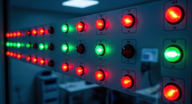 System status indicator lights blinking red and green on a control panel