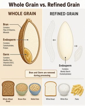 Illustration comparing whole grain kernel with bran, endosperm, germ vs refined grain stripped of bran and germ, showing bread and cereal examples.
