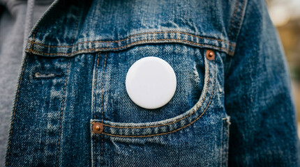 ​A close-up shot of a blank white button badge pinned onto the pocket of a classic blue denim jacket, creating a minimalist mockup. © Ibnu Fatah
