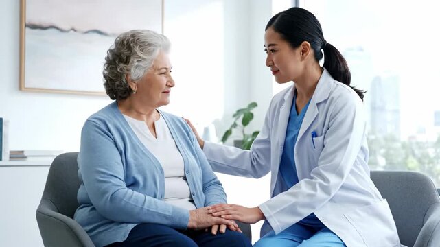Caring nurse helping elderly woman during clinic visit