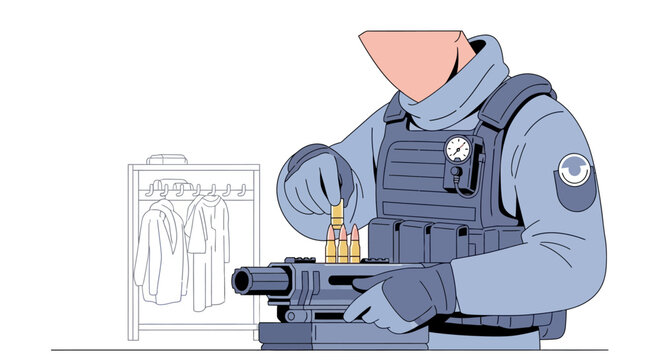 Soldier Reloading Rifle in Tactical Gear, Armory Wardrobe Background
