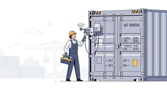 Technician installs IoT sensor on shipping container for smart logistics and tracking
