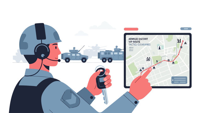 Soldier using GPS map on tablet to track military vehicles on mission