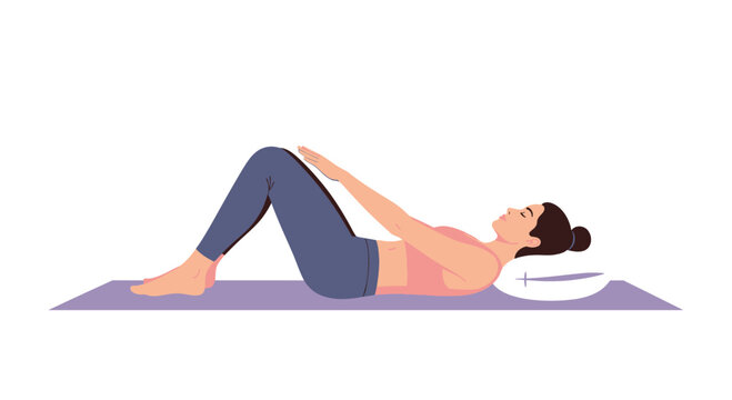 Woman doing Pilates exercise on mat, lying on back, knees bent, arms extended forward