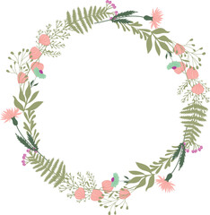 Fototapeta premium Circular floral wreath with pink flowers and green ferns isolated on transparent background