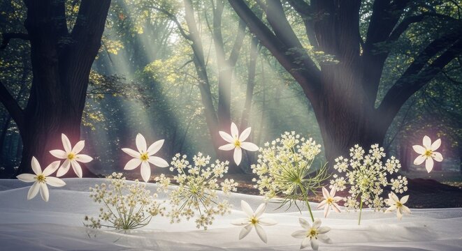 Delicate Starflowers and Queen Anne's Lace scattered amidst ethereal sunbeams in a mystical forest