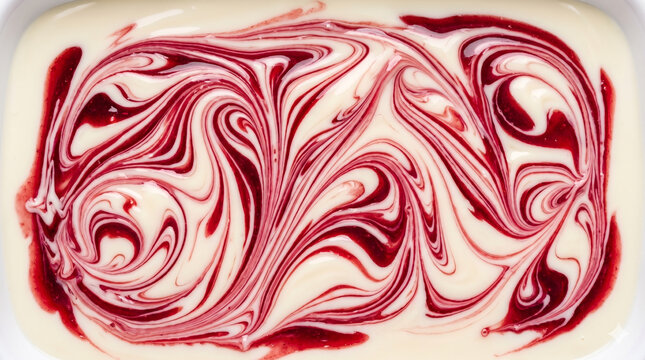 Macro texture of smooth white chocolate and raspberry syrup marbling