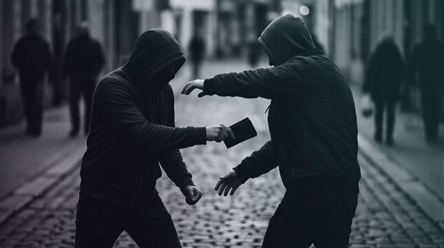 Man robbing another man in a dark city street. Criminal stealing wallet from victim pocket. Street crime and assault concept. Dangerous situation with thief and hooded attacker scenario.