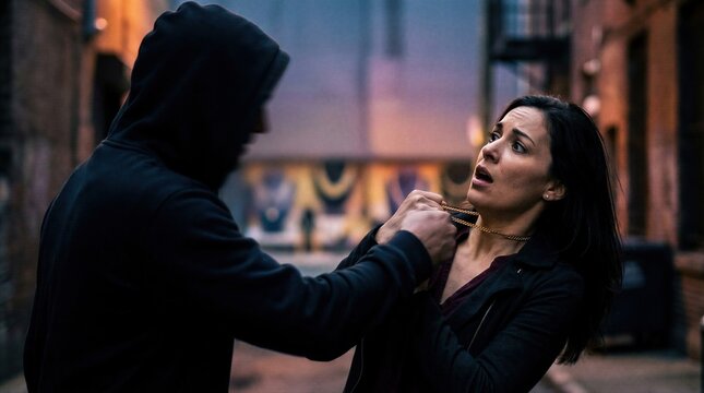 Hooded criminal attacking woman in alleyway. Man trying to rob girl by pulling necklace. Dangerous street scene depicting theft, violent assault, crime, and threat in city urban area.