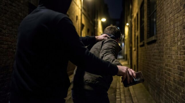 Hooded criminal attacking man in dark alleyway to steal wallet. Street robbery scene at night. Dangerous urban situation, street crime and victim safety awareness conceptual image.