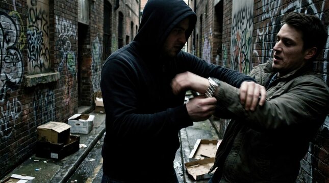 Mugger in hoodie attacking man in alleyway to steal wristwatch. Criminal violence and street robbery scene. Dangerous urban conflict and theft concept in city. Law and order issue.