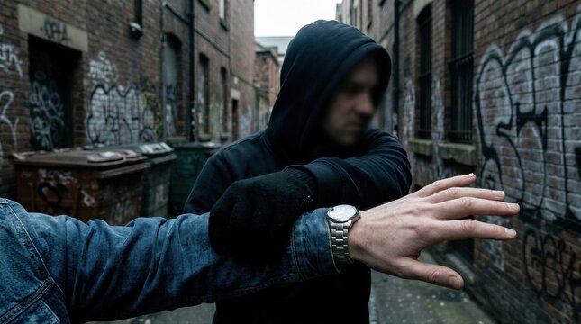 Hooded man committing street robbery in dark alley. Aggressor attacking and mugging victim. Dangerous criminal activity, safety threat, crime scene and social problem investigation concept.