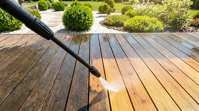 High pressure water cleaner spraying a wooden terrace floor to remove dirt and grime in a backyard garden