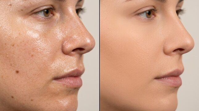 Before and after botulinum toxin treatment for a patient with facial hyperhidrosis, oily skin, and large pores.