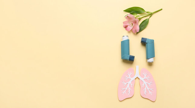 Asthma inhalers and paper lungs next to a pink flower on a yellow background for seasonal allergy and respiratory health concept