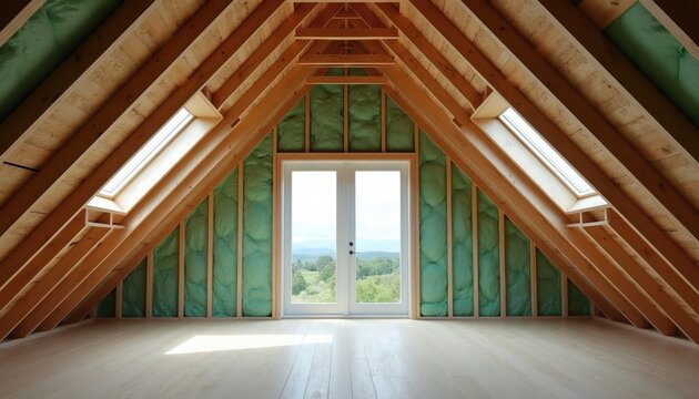 Unfinished attic space shows wooden roof beams green insulation and a door with outdoor view. Skylights add daylight. Home renovation or conversion space.