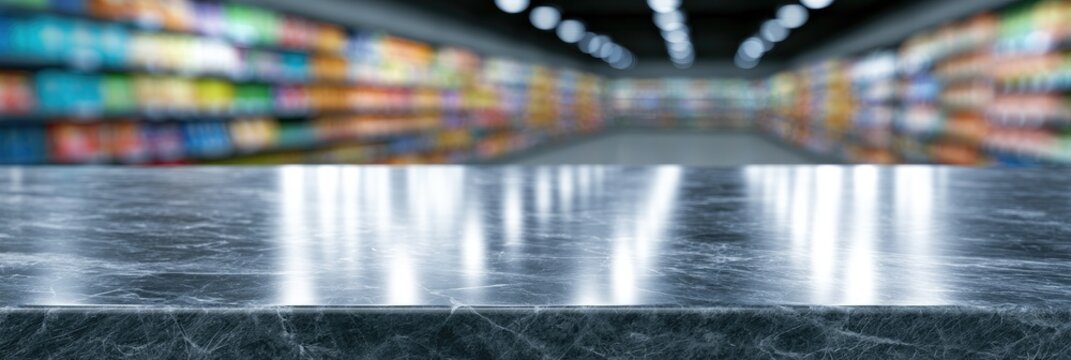 A polished stone counter reflects a blurred, colorful aisle of shelves in a store