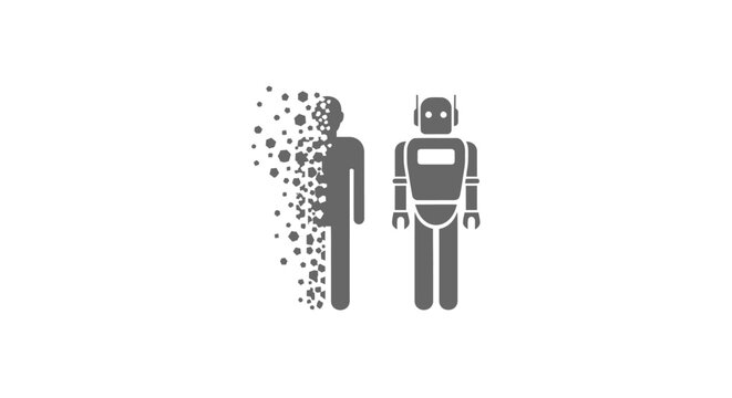 Robot and disintegrating human figure.