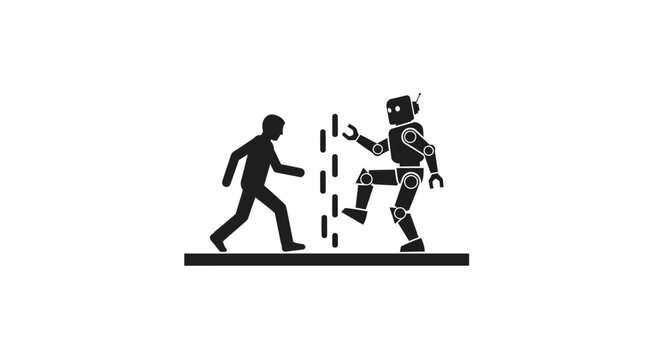 Robot and human in confrontation.
