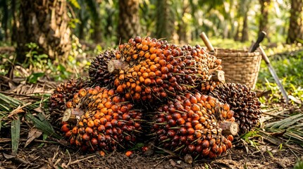 Fototapeta premium Fresh Oil Palm Fruit Harvest in Tropical Plantation