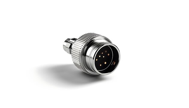 Industrial circular electrical connector with metal housing isolated on white background