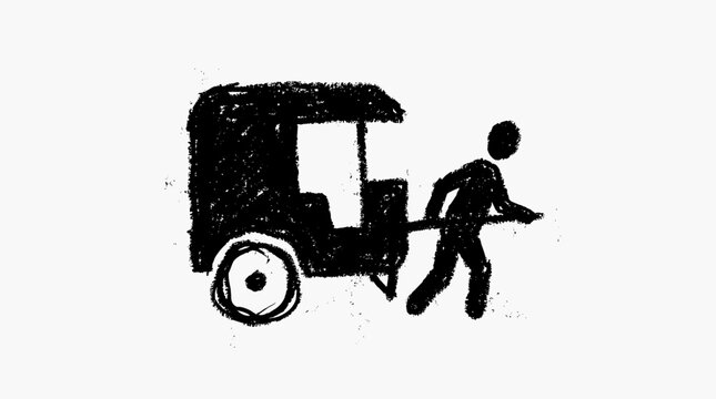 Rickshaw puller pushing a rickshaw illustration.