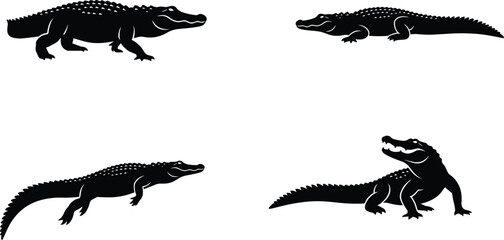 Naklejka premium Collection of Black Crocodile and Alligator Silhouettes in Different Poses Isolated on Light Background Vector Illustration Set