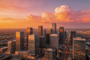 Fototapeta premium Aerial view of city skyline at sunset