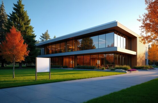 Modern office building with large glass windows and wood accents. Rich green lawn and autumn trees surround the structure. Blank sign stands in front of the building.