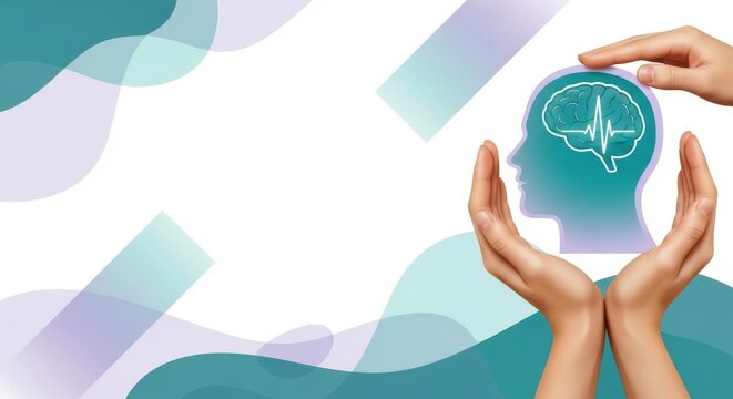 Hands protecting a silhouette of a human head with a brain illustration.