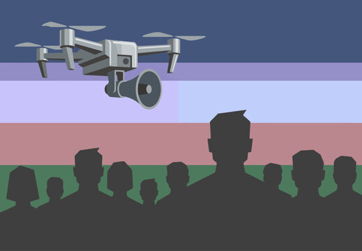 A drone monitors a crowd with a loudspeaker, showcasing surveillance and control. Silhouetted figures observe from the background. Modern, dramatic composition.