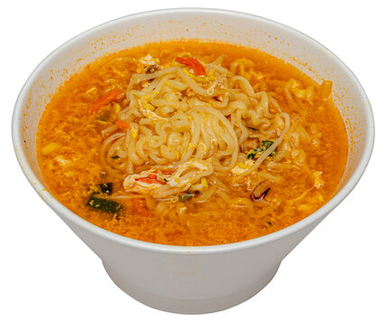 spicy korean ramen noodles in white bowl isolated on white background