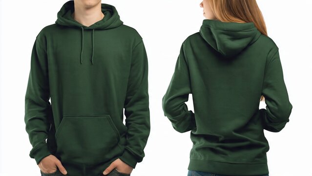 Blank dark green hoodie mockup set front and back views