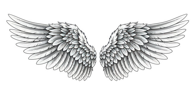Detailed Angel Wings Illustration, White Feathers, Isolated on White Background