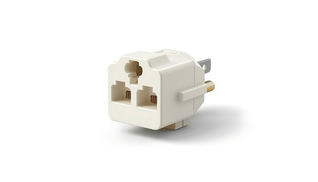 A white telephone line splitter adapter with two rj11 ports and a male plug, isolated on white background