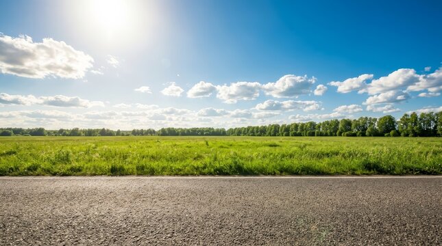 A scenic view of a green meadow and blue sky seen from the road.